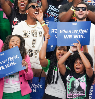 Supporters cheer for Democratic presidential candidate and Vice President Kamala Harris at Georgia State Convocation Center on July 30 in Atlanta. Credit: Julia Beverly/Getty Images