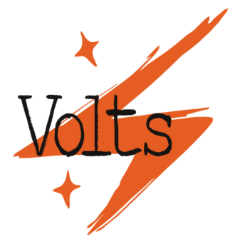 Volts written on top of an orange lightening graphic with two stars