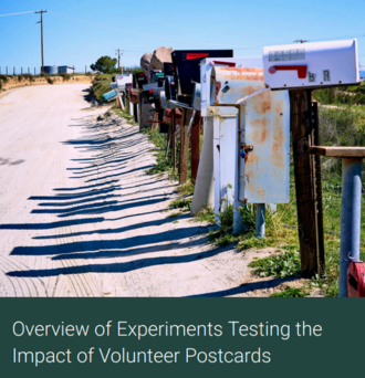 A line of mailboxes shown along a dirt road. At the bottom, white text on a dark green background reads "Overview of Experiments Testing the Impact of Volunteer Postcards"